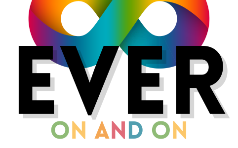 logo for Ever On And On: a multicolored infinity symbol at the top, overlaid by the words 'EVER ON AND ON griefwork + deathwork'