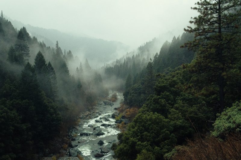 a rocky river runs through a wooded valley. there is fog drifting through the trees.