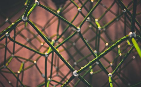 a three dimensional web of green rope against a clay colored background