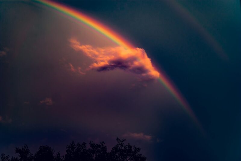 a dark sky with clouds and a rainbow arching down from left to right. there are some tree tops at the bottom of the image.